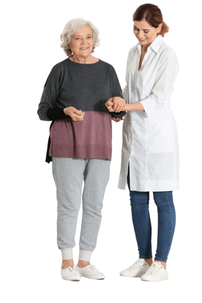 Elderly woman with female caregiver in living room